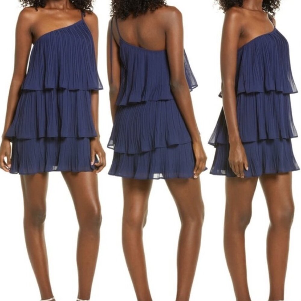 Navy Blue One Shoulder Tiered Mini Dress